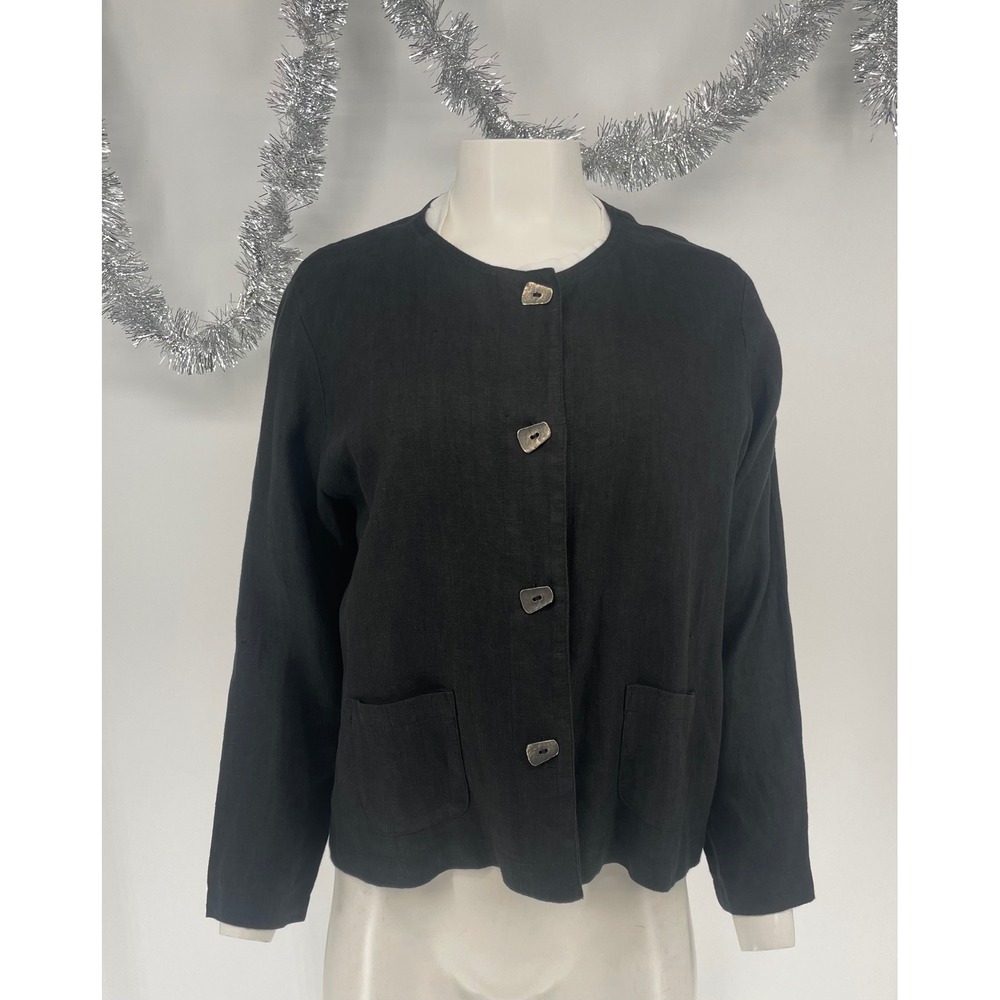 Nannette Keller Black Linen Cotton Collarless Jacket Sculptural Metal Buttons S